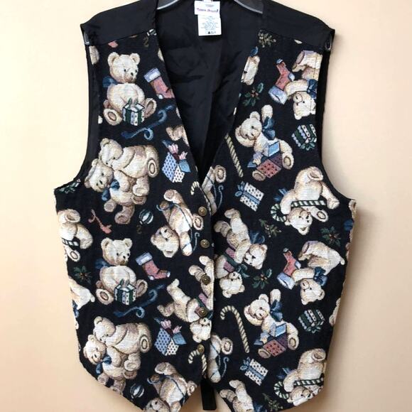 Bobbie Brooks Vintage Black Holiday Tapestry Teddy Bear Vest Size: Large - Picture 1 of 13
